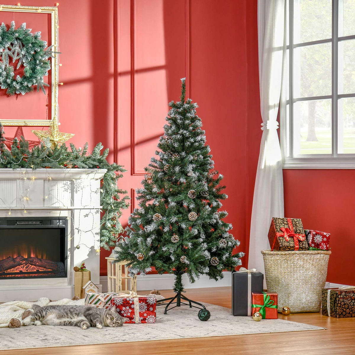 KÜNSTLICHER-WEIHNACHTSBAUM, 150 cm Christbaum mit Kunstschnee, Indoor - Grün, Kunststoff (150cm) - HOMCOM