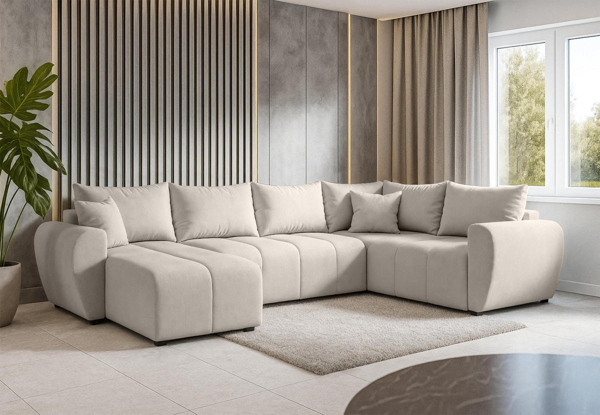 WOHNLANDSCHAFT Malatya U Form MAX Beige 311/145/82 cm mit Schlaffunktion - Beige/Schwarz, Kunststoff/Textil (208/82/303cm) - AX Living