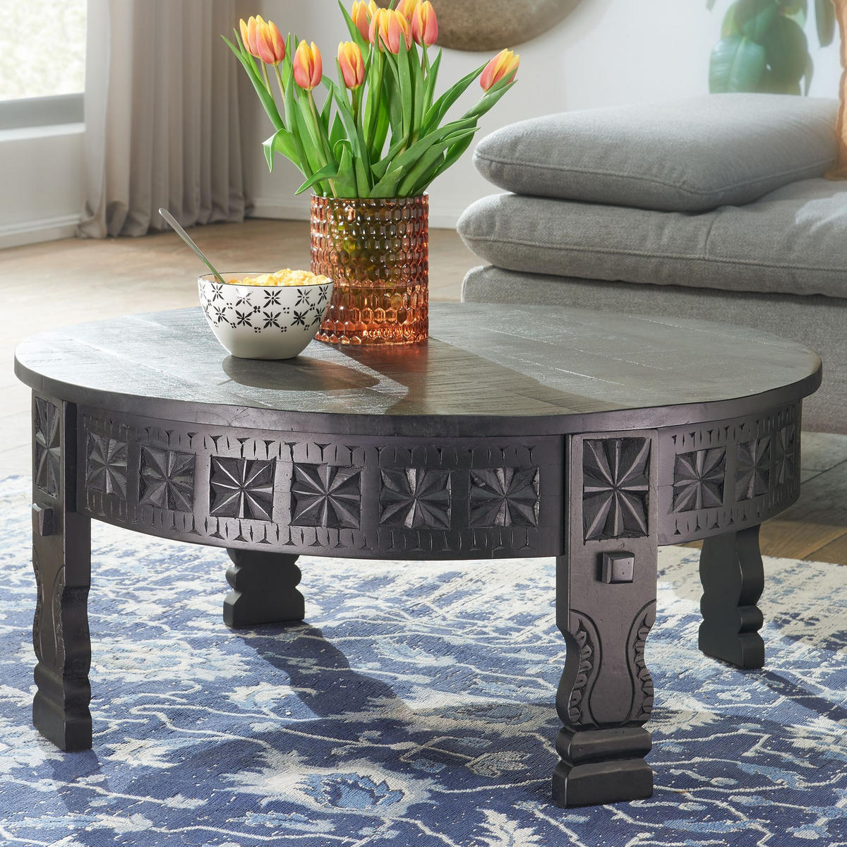 COUCHTISCH Massivholz Schwarz Lackiert, Orientalisches Design, Handgefertigt - Schwarz/Braun, Holz (80/80/36cm) - KADIMA DESIGN