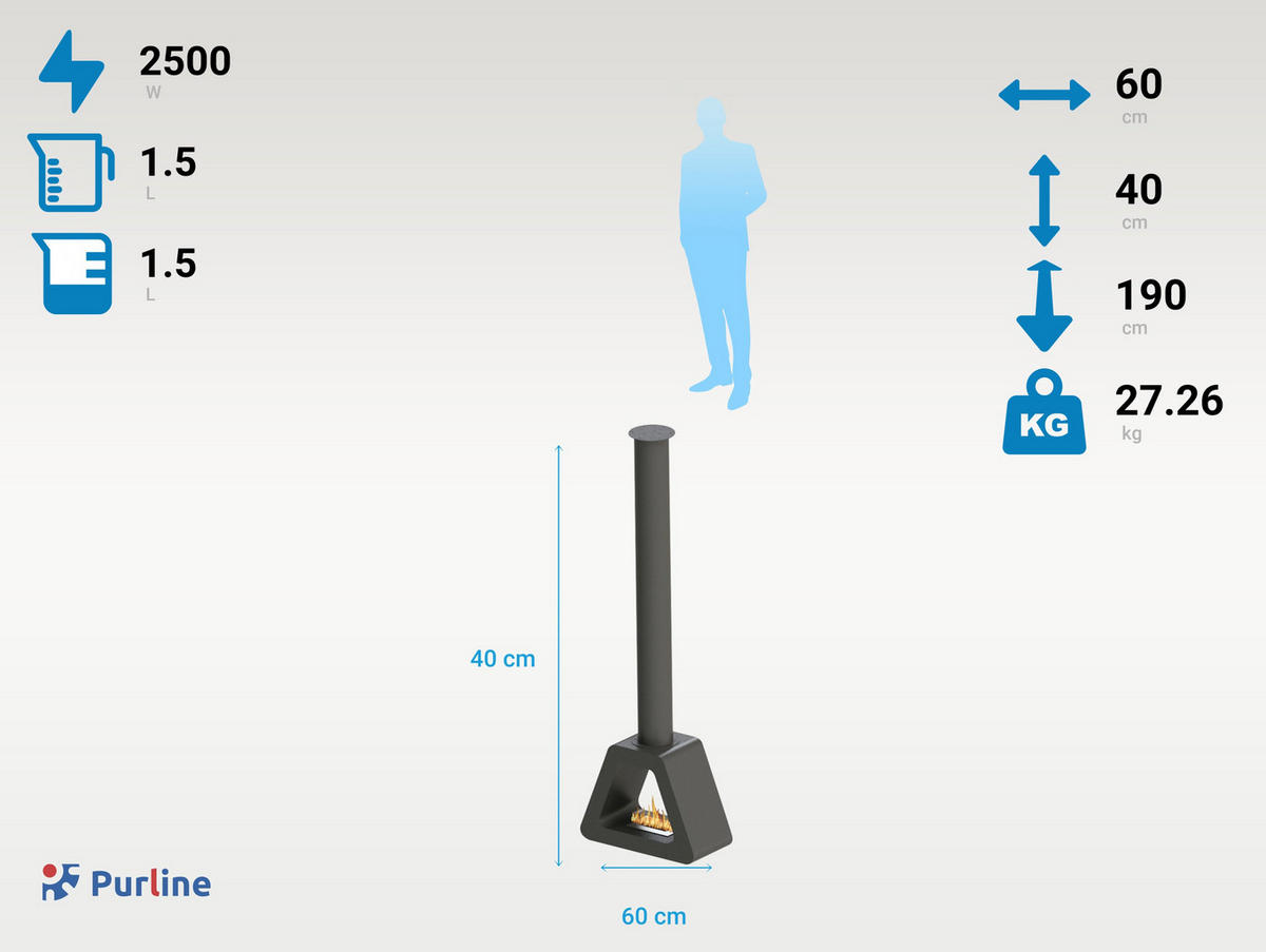 BIOETHANOL-KAMIN Schwarz Deckenmodell mit Rohr inklusive 1.5 L Brennblock - Schwarz, Metall (60/40/190cm) - Purline