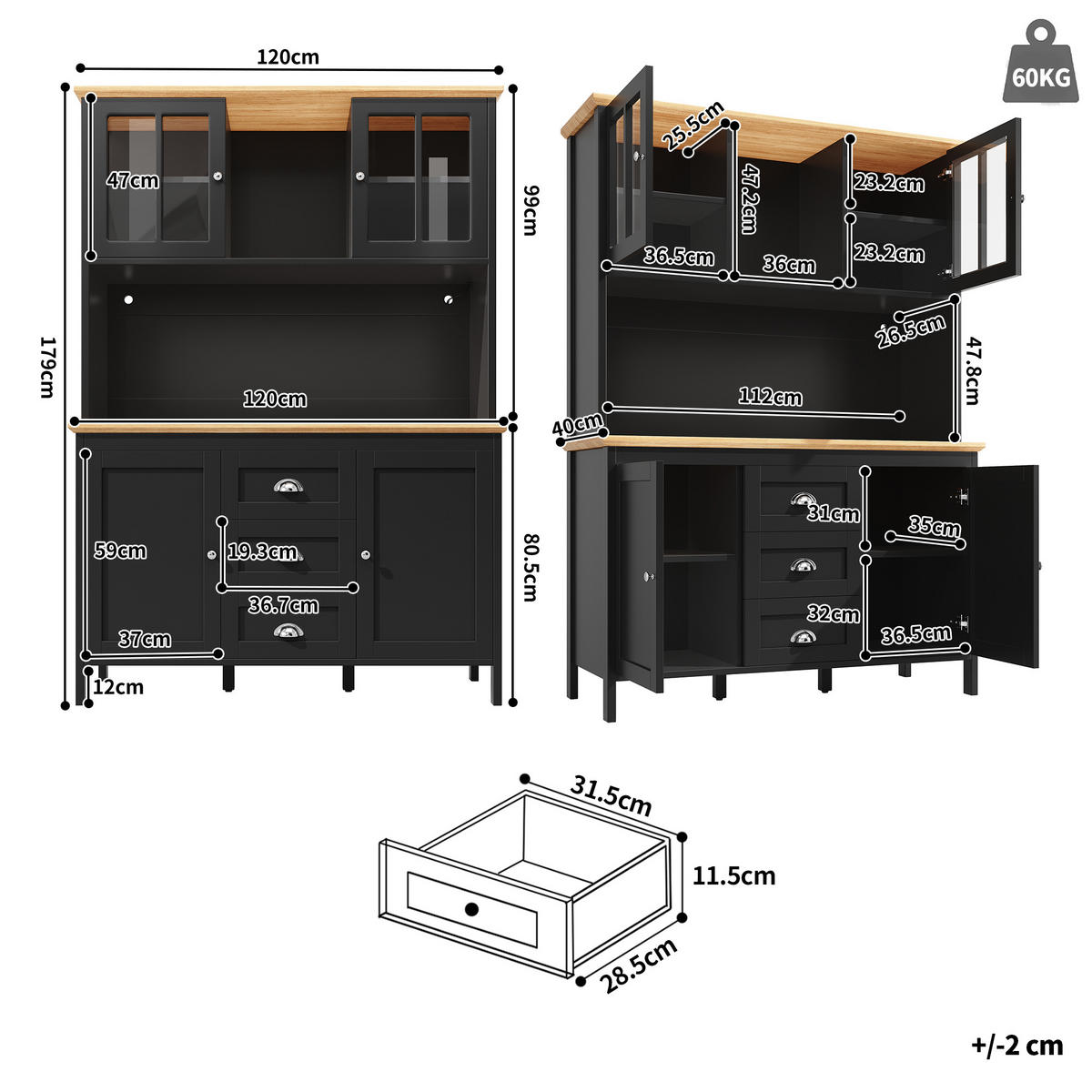KÜCHENSCHRANK LED 120x40x179Cm 4 Türen 3 Schubladen - Schwarz, Metall (120/179/40cm) - FLIEKS
