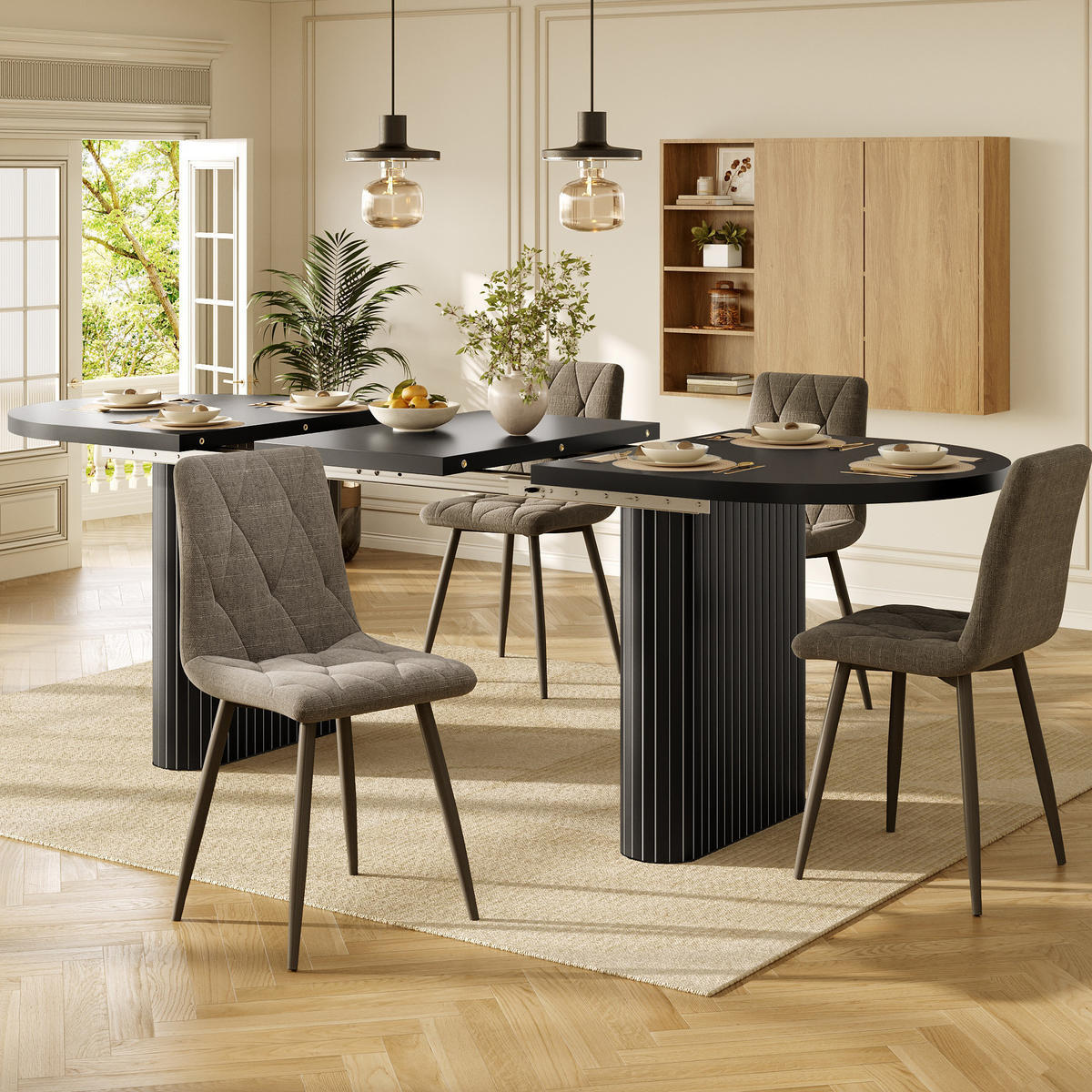 ESSTISCHSET Ausziehbar 120-160 Cm, Oval, 4 Stoffstühle, Schwarz - Multicolor, Metall (120/75.5/80cm) - FLIEKS
