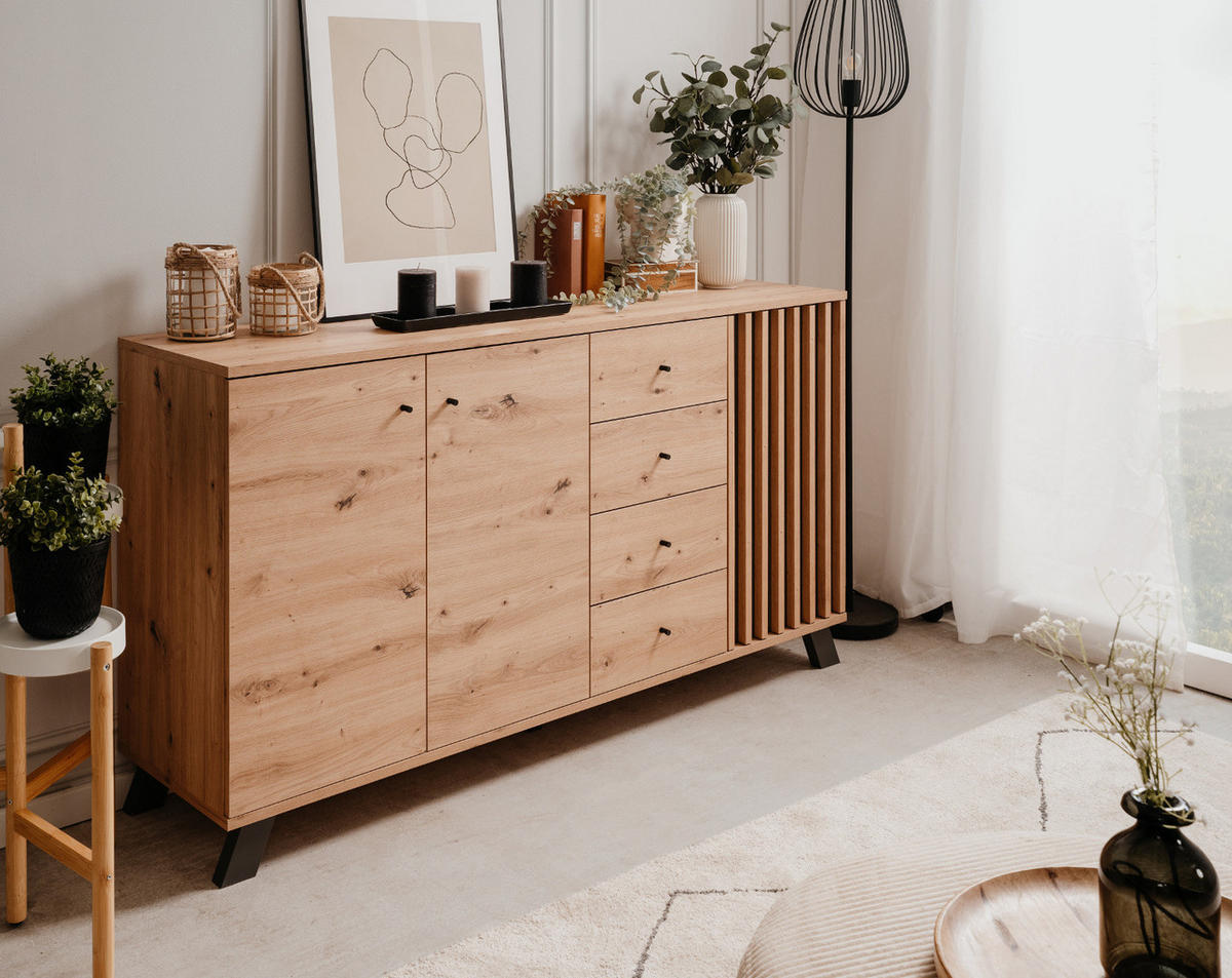 SIDEBOARD Eiche Artisan, grau 160 cm, Kommode im Industrial Design - Anthrazit/Schwarz, Holzwerkstoff/Metall (160/85/40cm) - Furn.Design