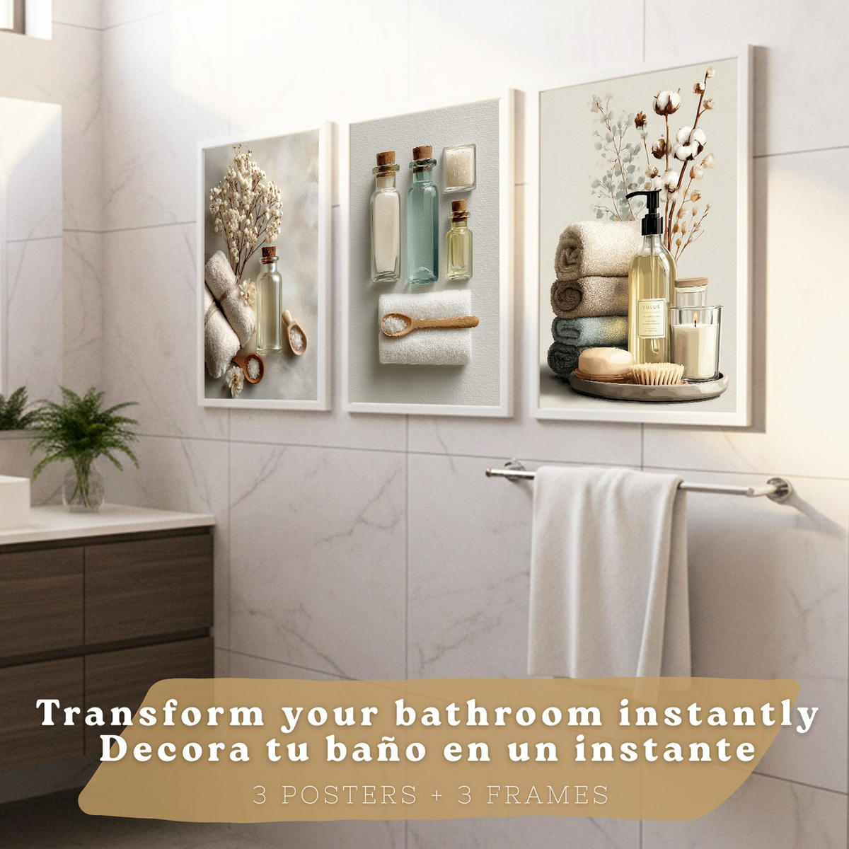 POSTER 3er-Set dekorative Badezimmer-Wandbilder und für Waschbecken, Dusche, WC mit Flaschen, Badesalz und Handtüchern, Naturstil Weißer Rahmen A3 - Weiß, Papier (42/29.7/3cm) - Nacnic