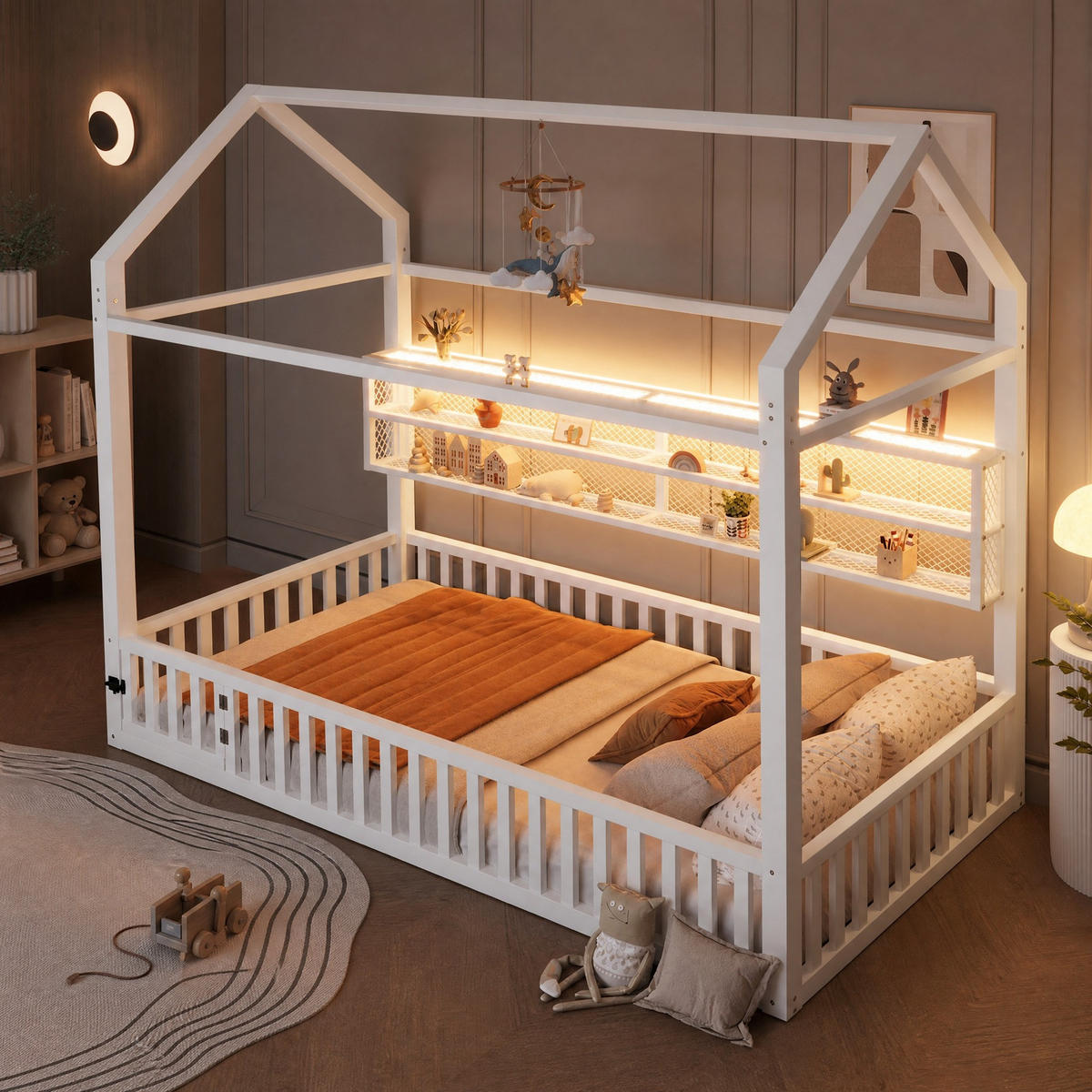 KINDERBETT 90/200 mit Hausdesign und Sicherheitszaun in Weiß - Weiß, Metall (90/200cm) - EVRYAE