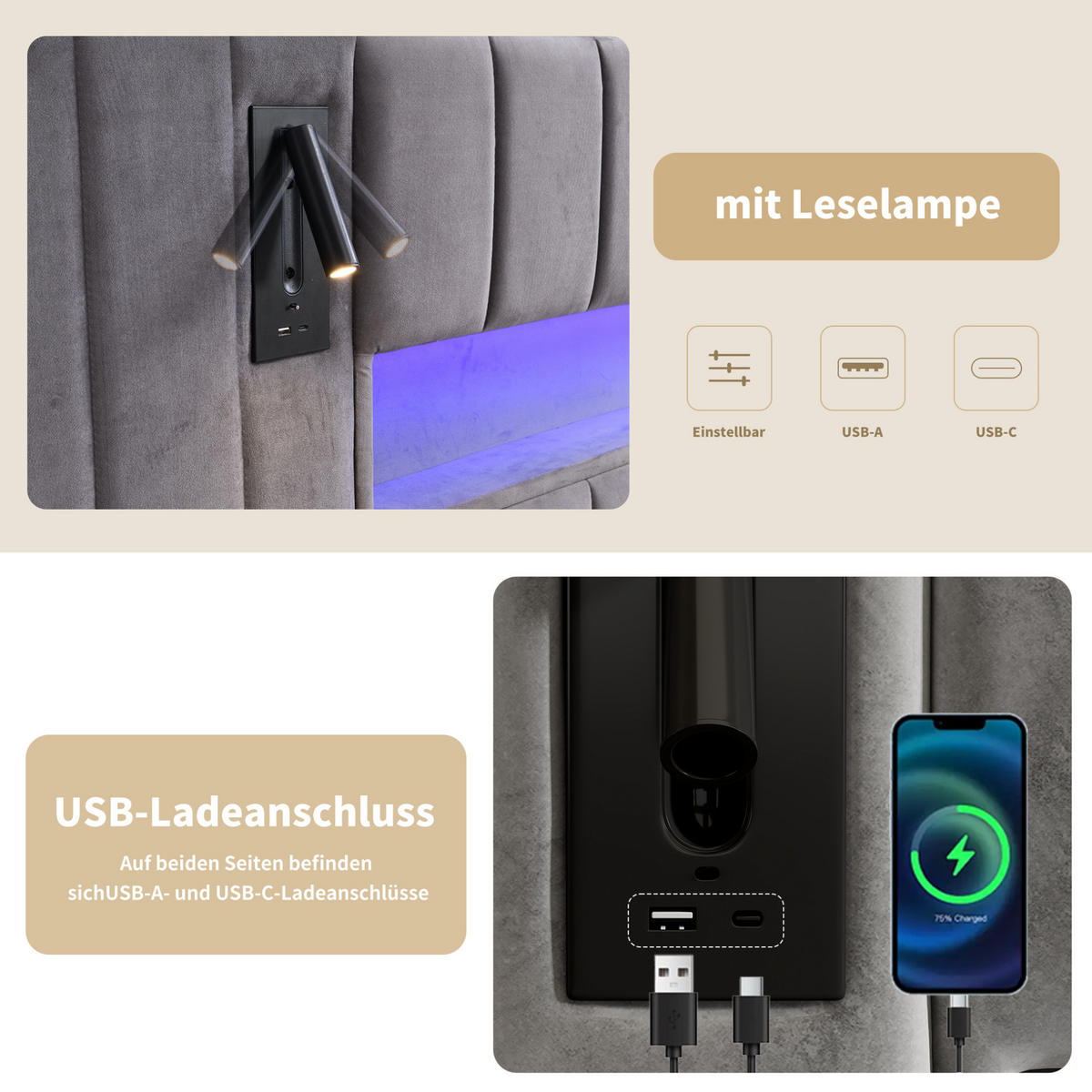 POLSTERBETT 180/200 cm mit LED-Beleuchtung, USB-Anschlüssen, Nachttischlampe und Bettkasten, Grau - Grau, Textil (180/200cm) - Redom