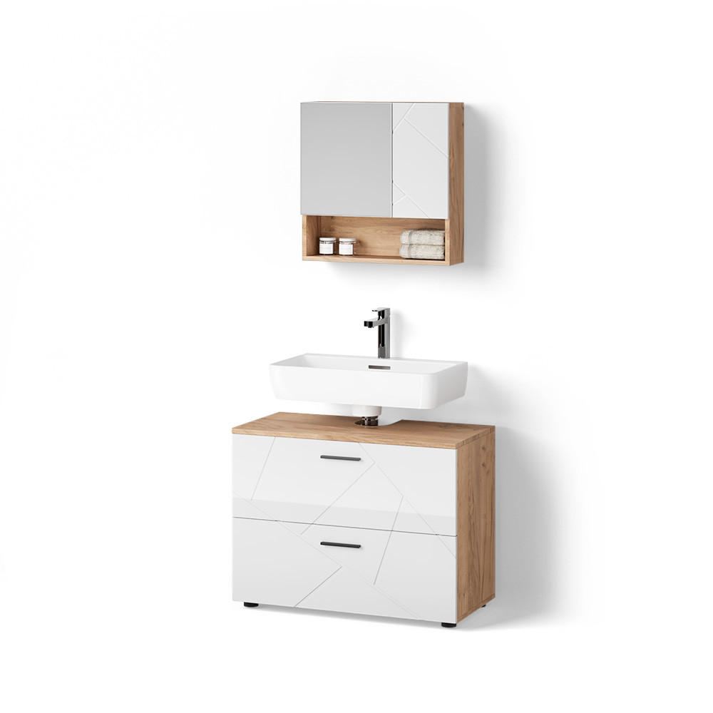 BADMÖBEL-SET Ronco Weiß Hochglanz/Goldkraft Eiche 2 Teile - Honigeiche/Weiß Hochglanz, Holzwerkstoff (80/55/41cm) - Livinity®