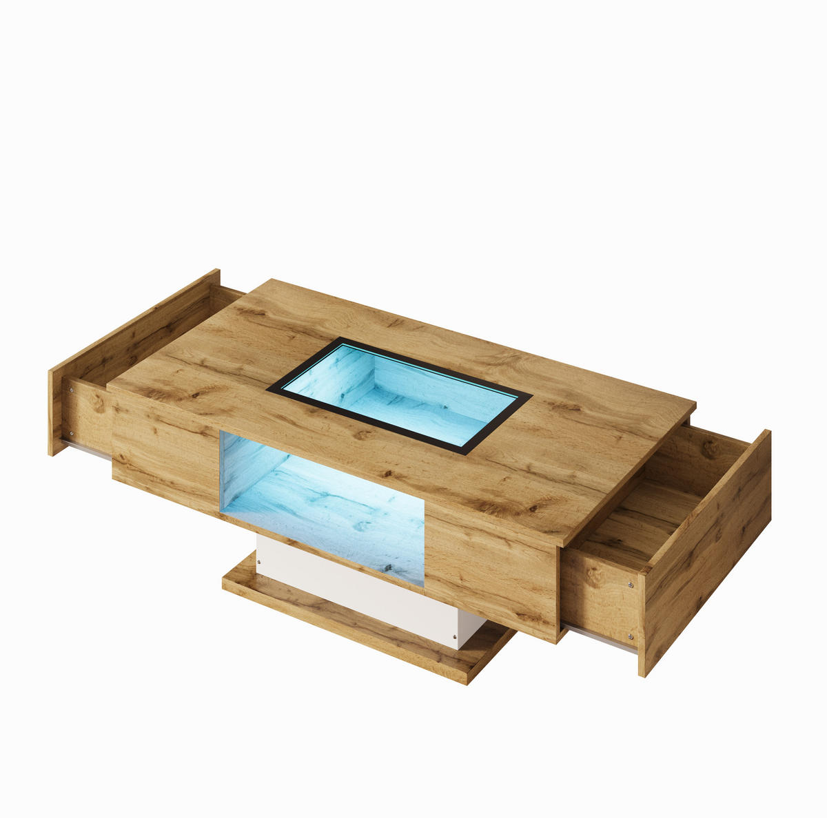 COUCHTISCH 110,2/60/39,7 cm aus Spanplatte mit LED-Beleuchtung, Glasplatte und 2 Schubladen, Natur/Weiß/Schwarz - Naturfarben, Holzwerkstoff (110.2/60/39.7cm) - Redom