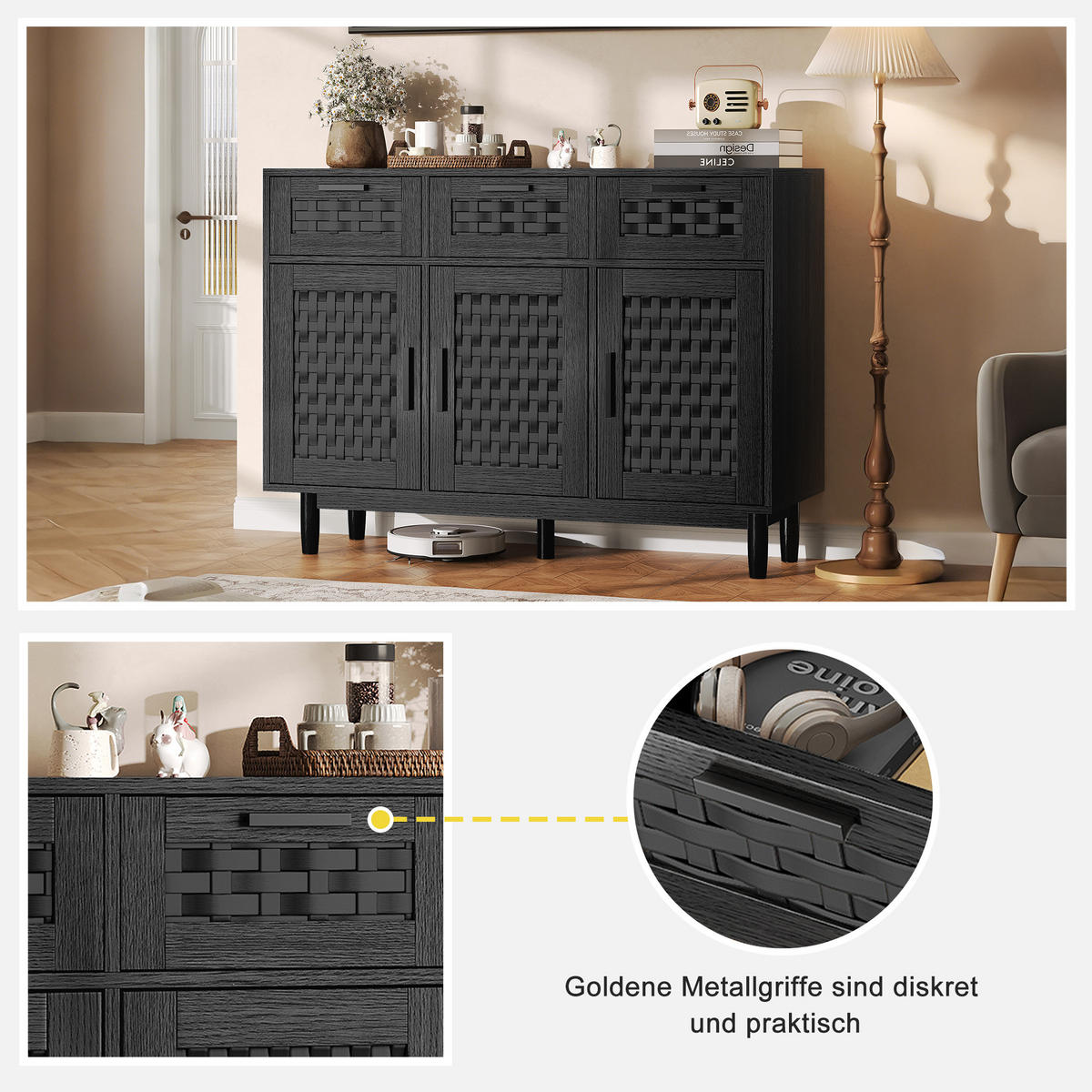 SIDEBOARD im Rattan-Look für das Esszimmer, Aufbewahrungsschrank aus Naturholz, Wohnzimmerschrank mit 3 Schubladen und 3 Türen, schwarz - Schwarz, Holz (40/80/107.9cm) - WoodenAura