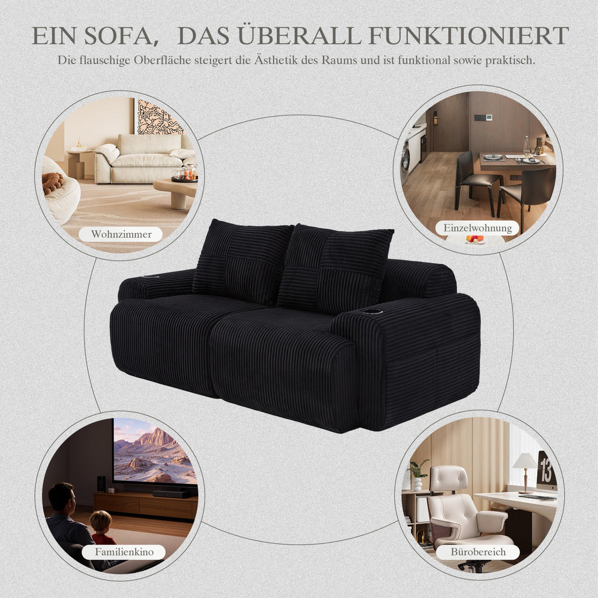 MODULÁRNÍ sofa 200/99/80 cm černá z manšestru s držákem nápojů a boční kapsou - černá, textil (99/80/200cm) - OKWISH