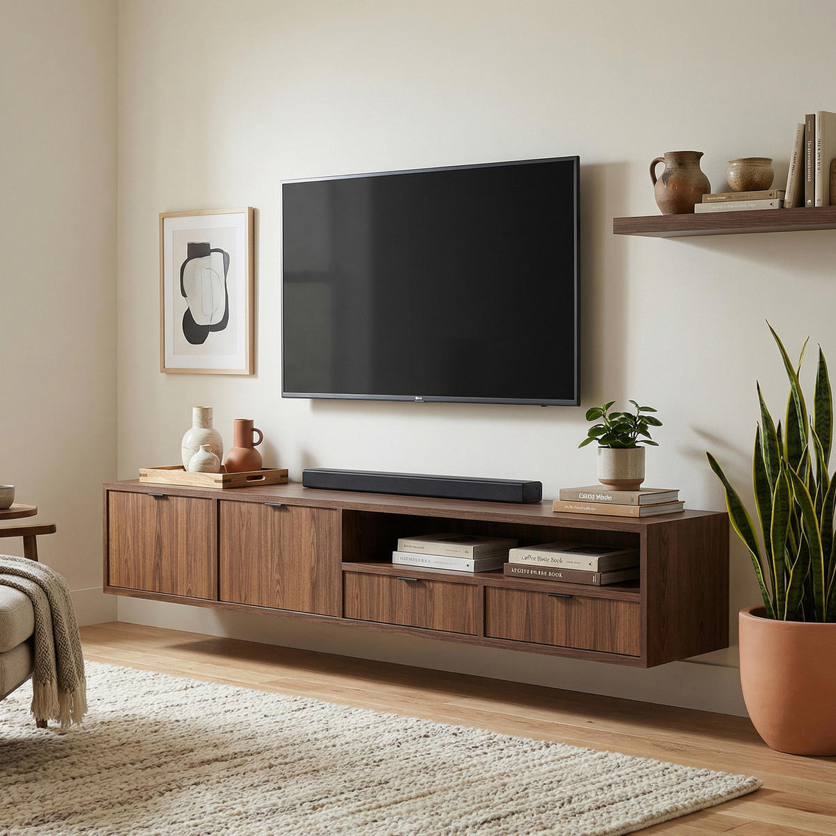 HÄNGELOWBOARD Evron mit 2 Schubladen und 2 Türen, 200 cm, Walnuss - Walnussfarben, Holzwerkstoff (200/35/40cm) - Beautysofa