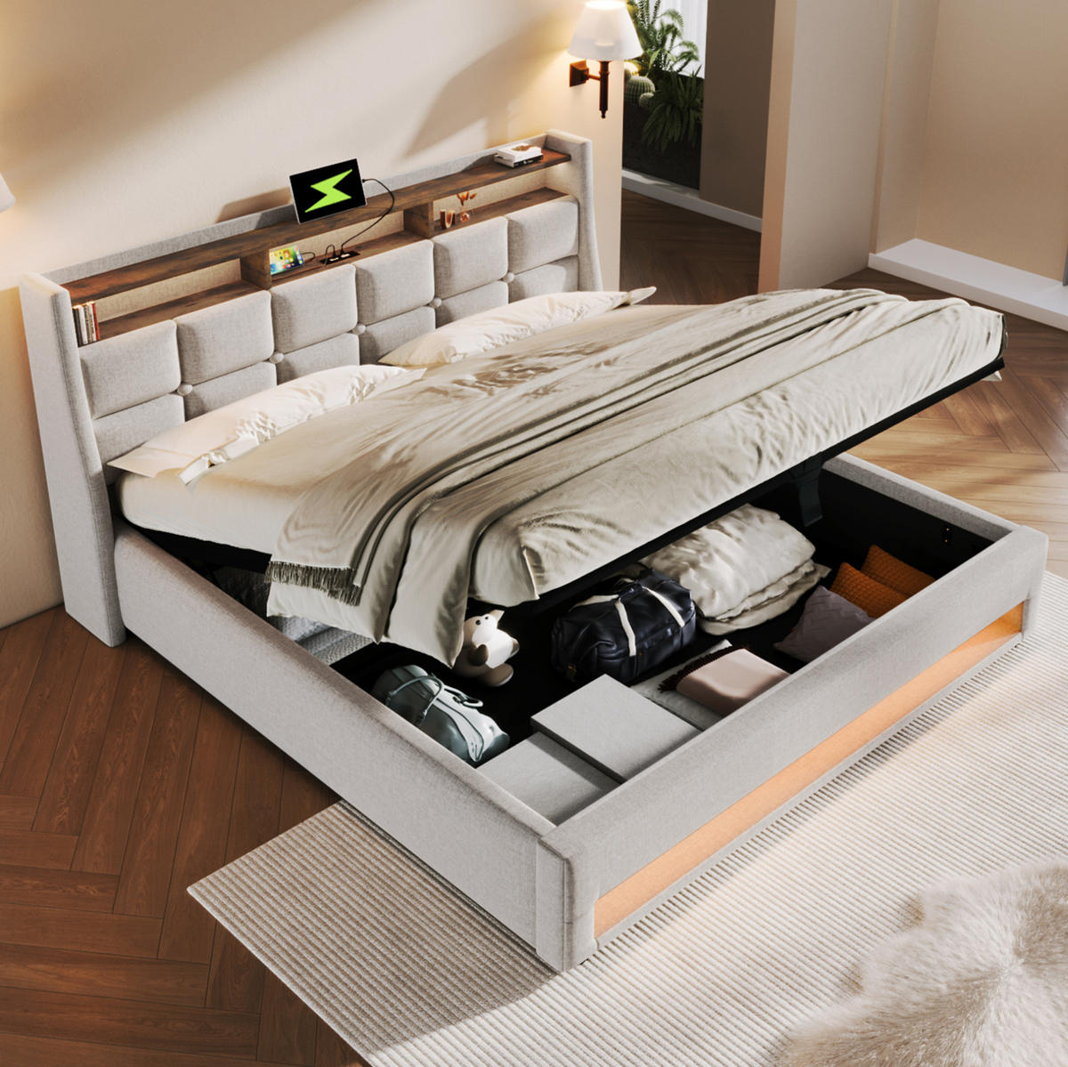 POLSTERBETT mit LED-Beleuchtung 140/200 cm mit Bettkasten und USB - Beige, Textil (140/200cm) - BEAOK