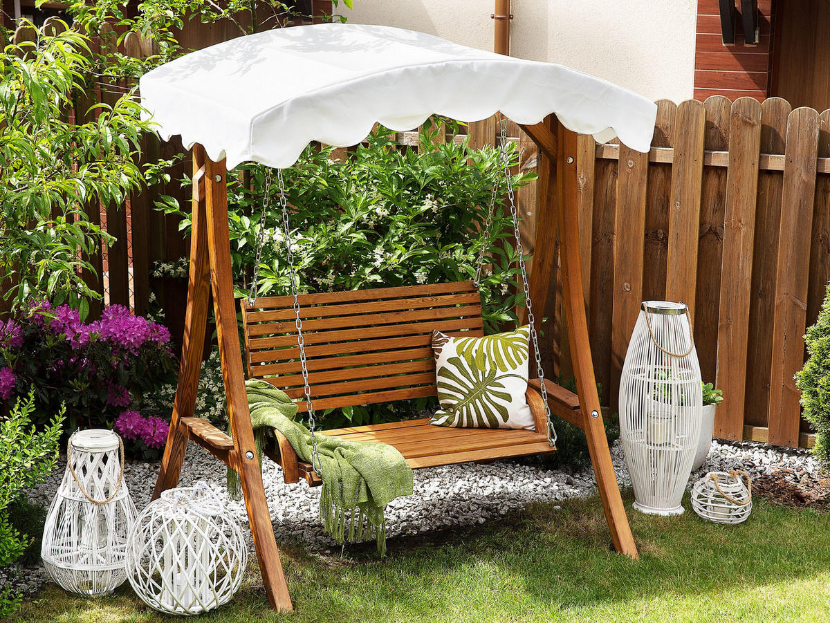 GARTENSCHAUKEL Lärchenholz dunkelbraun Sonnendach beige Andria - Dunkelbraun, Textil (164/188/128cm) - Beliani