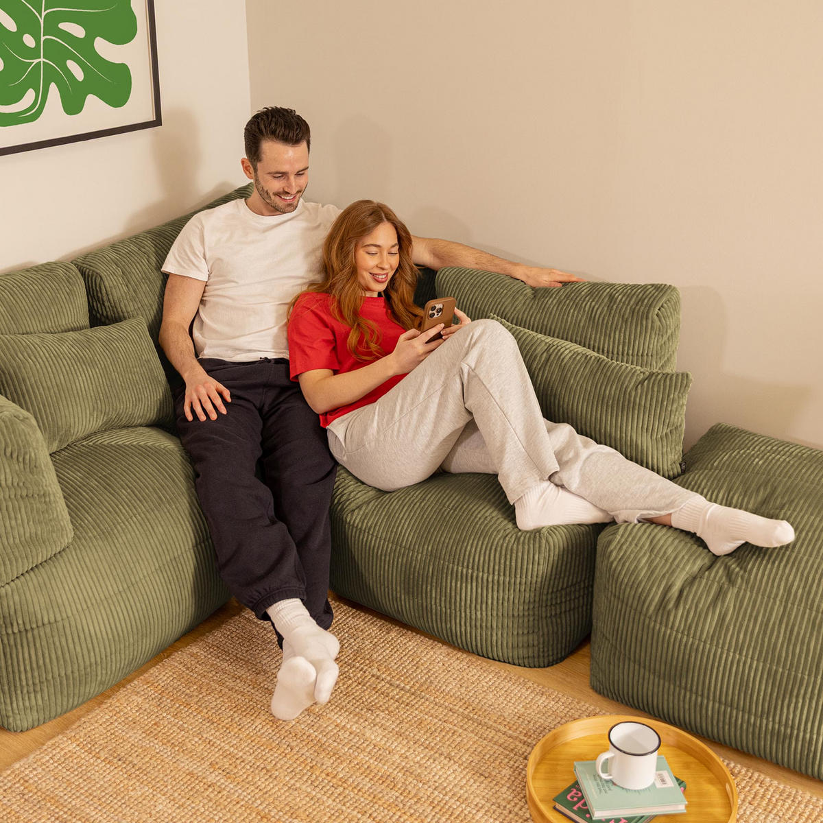 SITZSACK-SOFA 4-tlg. modular cord Noa - Salbeigrün, Textil (306/70/78cm) - icon