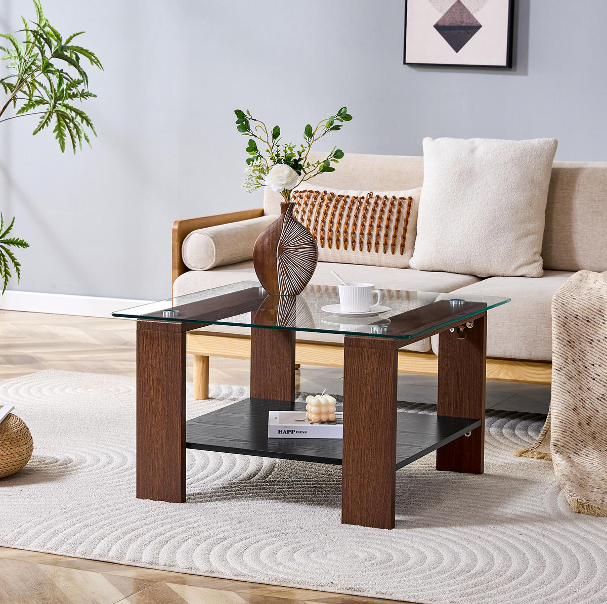 KAVNA mizica 65x41x45,5 cm, oreh dekor, steklo z odlagalnim prostorom - barva oreha, leseni material (75/75/45.5cm) - BEAOK