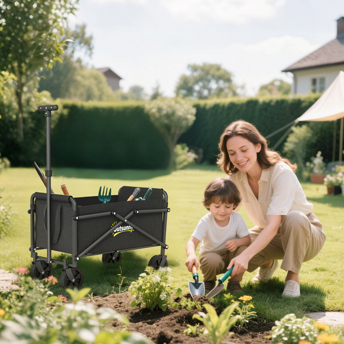 GARTENWAGEN DE-10535 faltbar, 41 L, verstellbarer Griff Schwarz - Schwarz, Metall (40/84/64cm) - ComfortXL