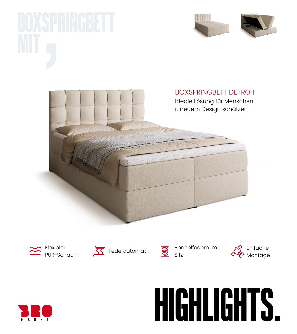 BOXBETT Detroit mit Topper 140/200 Ecru - Ecru, Holzwerkstoff/Textil (140/200cm) - Bromarkt