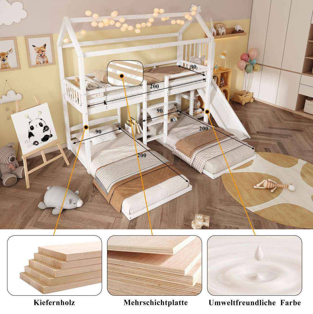 ETAGENBETT Hausbett mit Rutsche, Weiß, 90/200 cm, 3 Schlafplätze - Weiß, Holz (90/200cm) - MIVRAY