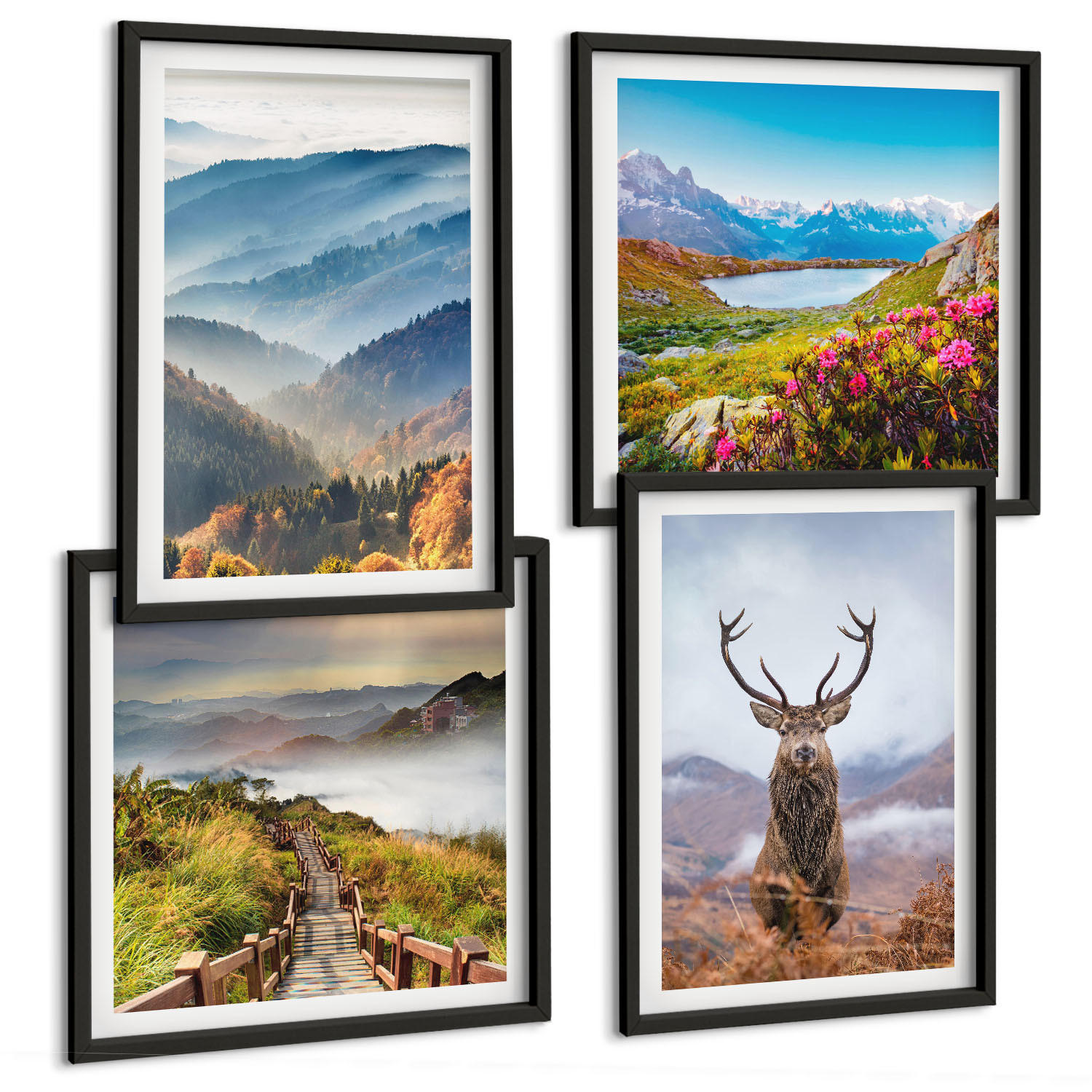 BILDER SET 4er Set - 50x50 cm & 40x60 cm Schwarzer Rahmen - Berglandschaft, See, Hirsche - Schwarz, Kunststoff (50/50cm) - TULUP