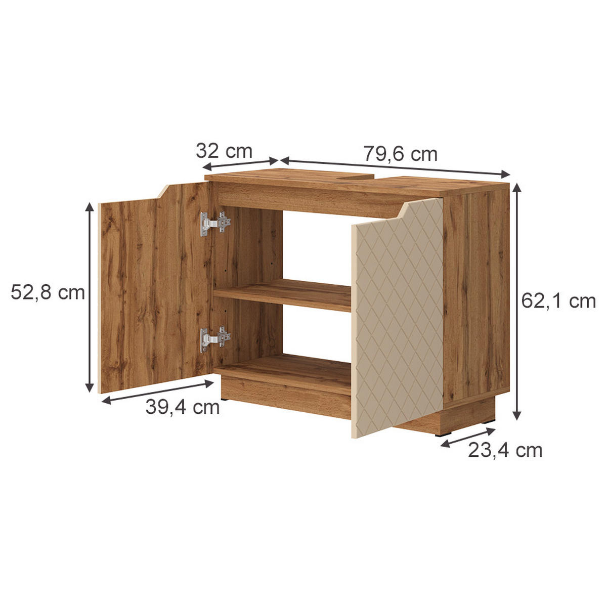 WASCHBECKENUNTERSCHRANK Lotta Eiche/Kaschmir mit Kachelstruktur 79.6 x 62.1 cm mit 2 Türen - Kaschmir/Eichefarben, Holzwerkstoff (79.6/62.1/32cm) - Vicco