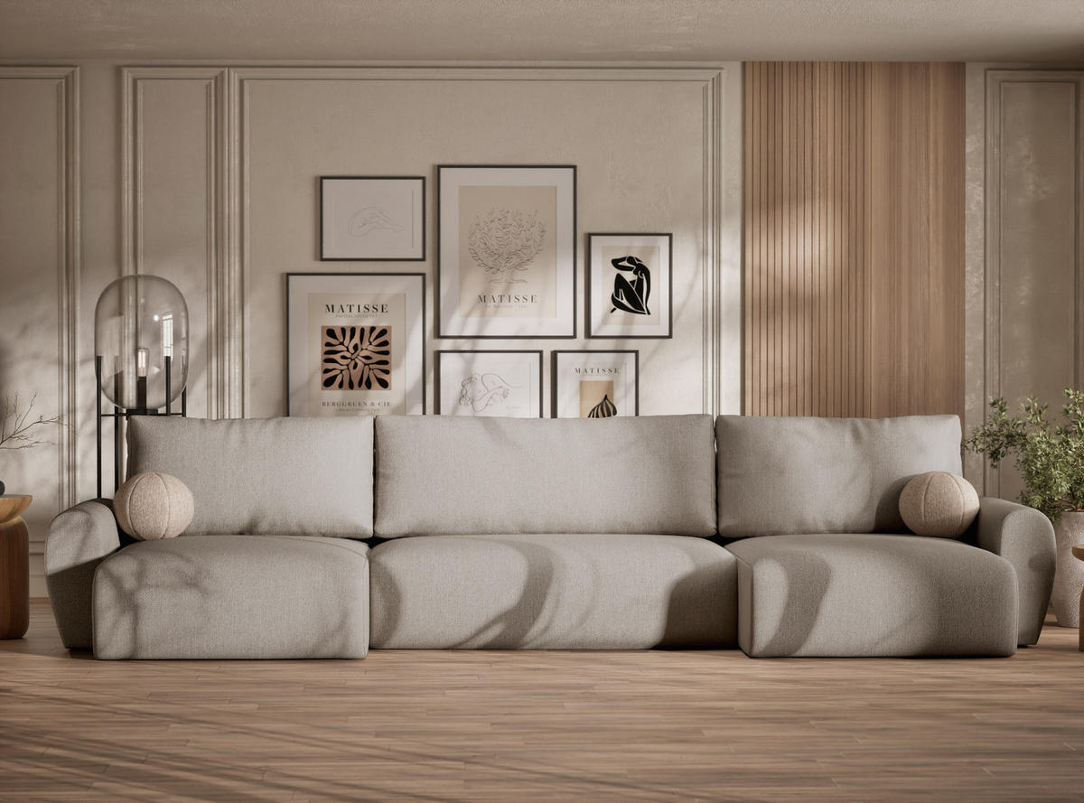 WOHNLANDSCHAFT MIT SCHLAFFUNKTION Numba Beige Webstoff - Beige/Schwarz, Holz/Holzwerkstoff (397/70/153cm) - Maison de Reve