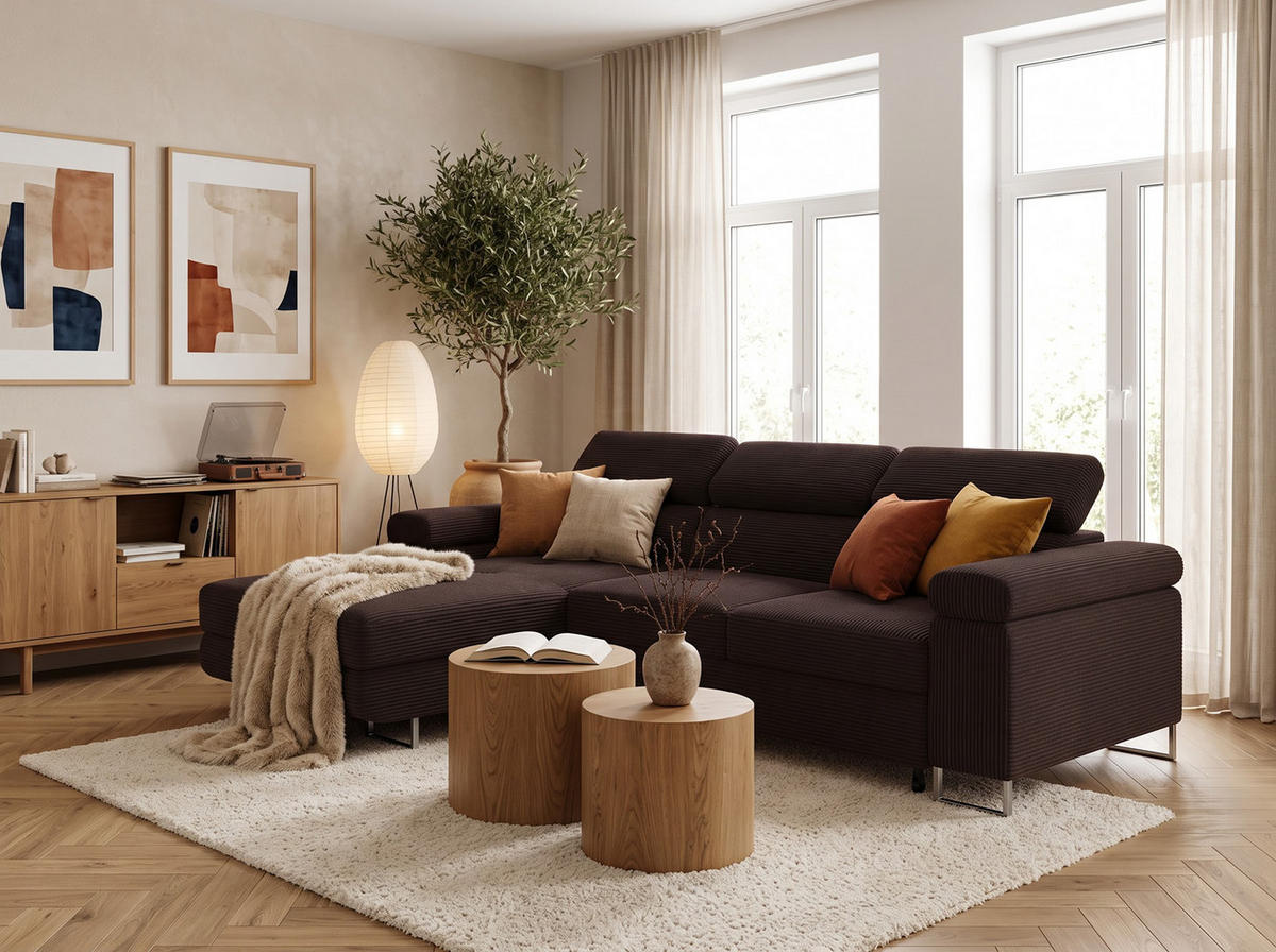 ECKSOFA VEMO MINI Links Braun Cord-Stoff Kompakter Komfort für Wohnräume - Braun, Textil (235/175cm) - Barchello