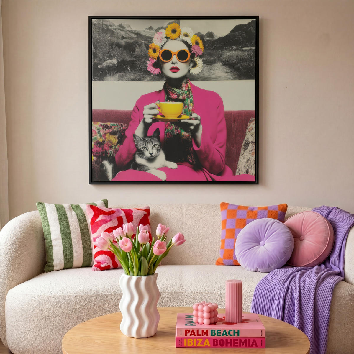 LEINWAND Bilder mit Rahmen - Frau - Katze - Blumen - Tasse - Retro - 90x90 - Magenta, Textil (90/90cm) - MuchoWow