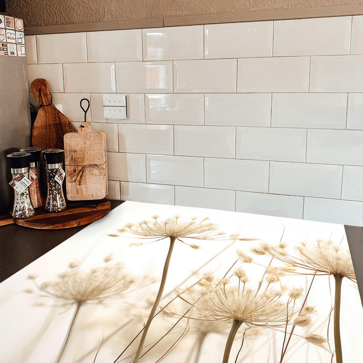 HERDABDECKPLATTE Blumen - Weiß - Sonnenlicht Induktionsmatte 78x78 cm - Ecru, Kunststoff (78/78/0.2cm) - MuchoWow