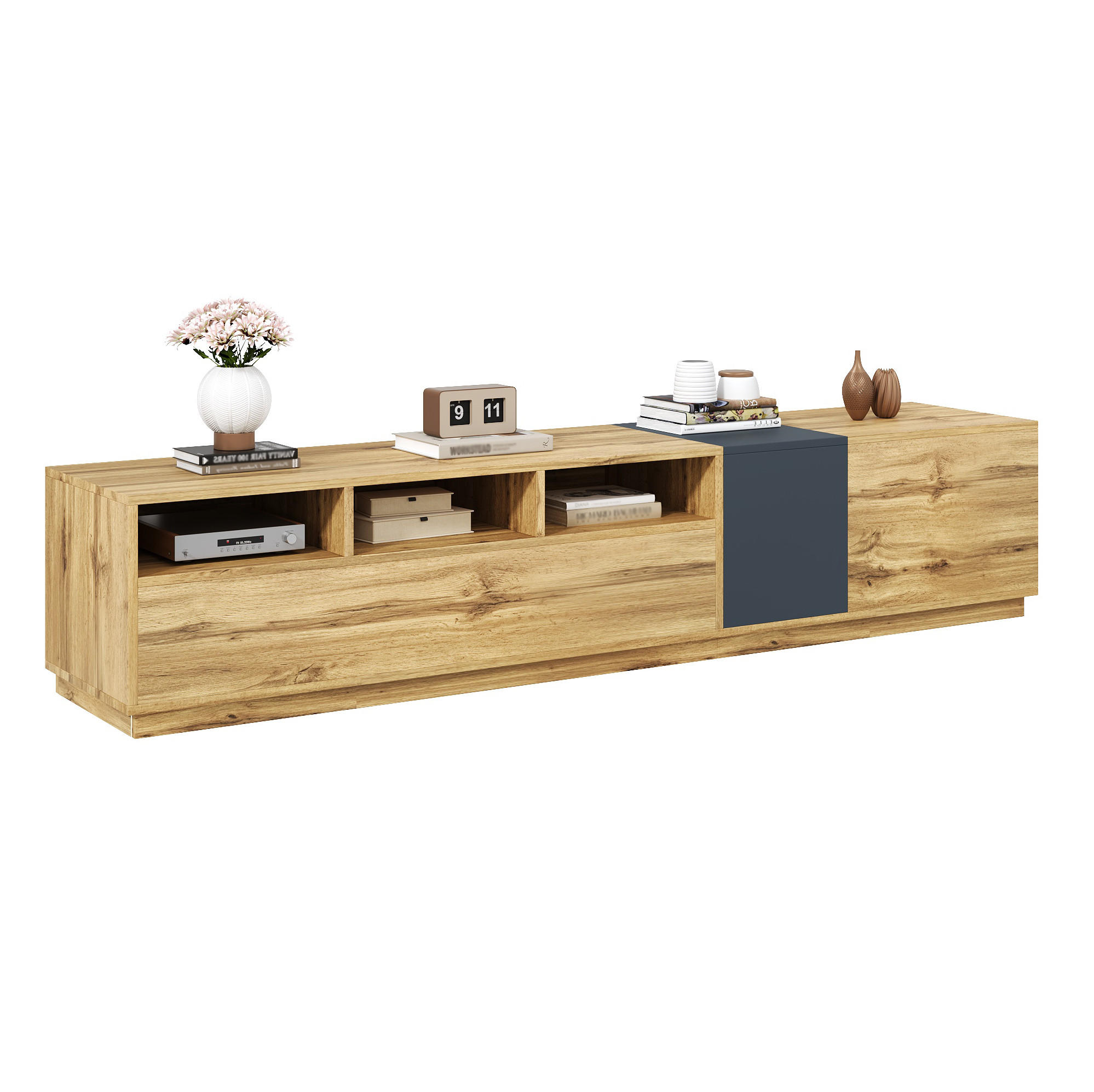 LOWBOARD 200/45/45 cm in Schwarzgrau mit Holzoptik und Kabelmanagement - Schwarz, Holzwerkstoff (200/45/45cm) - Flora Grace