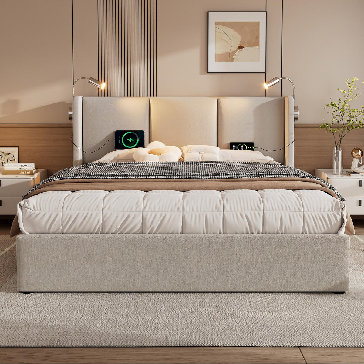 POLSTERBETT 180/200 cm Grau mit USB-Ladefunktion und Stauraum - Grau, Textil (180/200cm) - Oxeza