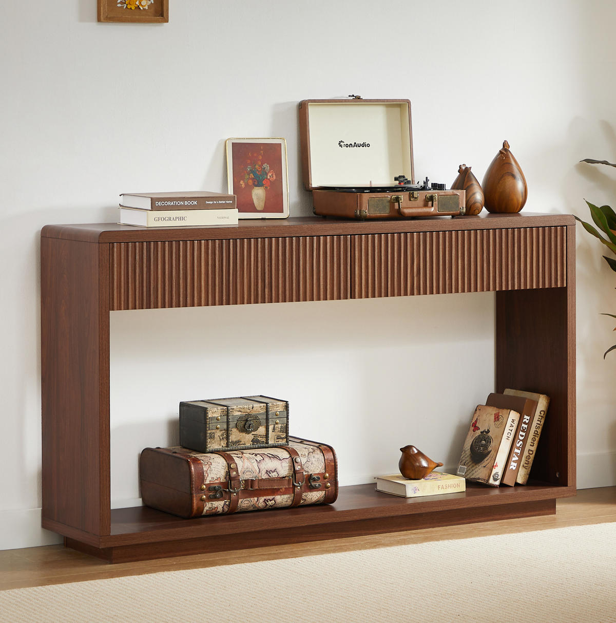 KONSOLENTISCH aus Spanplatte und MDF 150x35x85 cm Nussbaum mit 2 Schubladen und offenem Ablagefach - Walnussfarben, Holzwerkstoff (150/35/85cm) - IVMEU