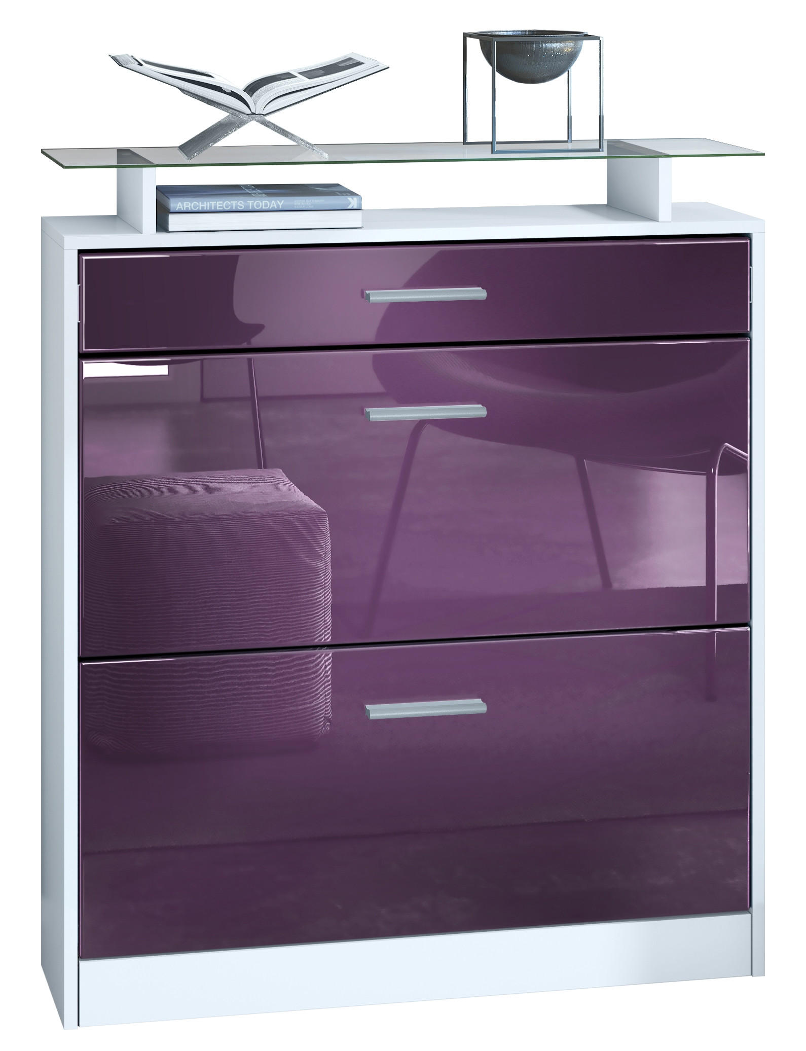 SCHUHSCHRANK Loret Front in Brombeer Hochglanz - Brombeere, Holzwerkstoff (89/104/23cm) - Vladon