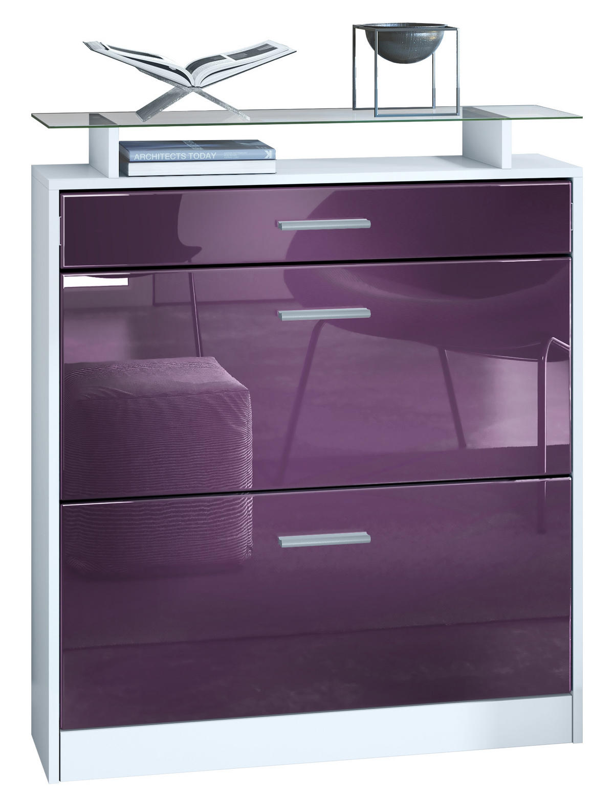 SCHUHSCHRANK Loret Front in Brombeer Hochglanz - Brombeere, Holzwerkstoff (89/104/23cm) - Vladon