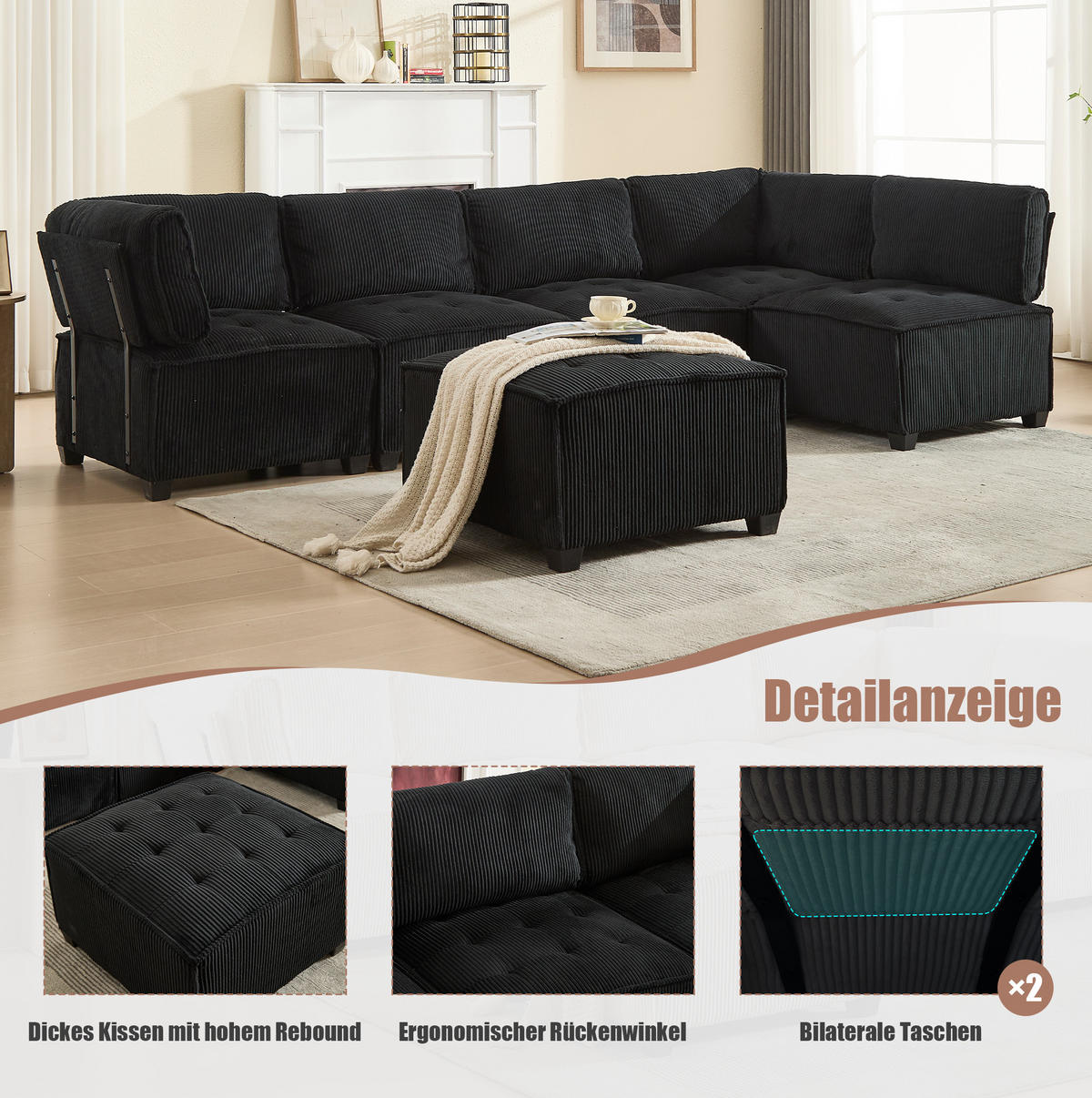 WOHNLANDSCHAFT 308/154/82 cm in Schwarz aus Cord, modular und als SchlafWohnlandschaft nutzbar - Schwarz, Textil (154/82/308cm) - Flora Grace