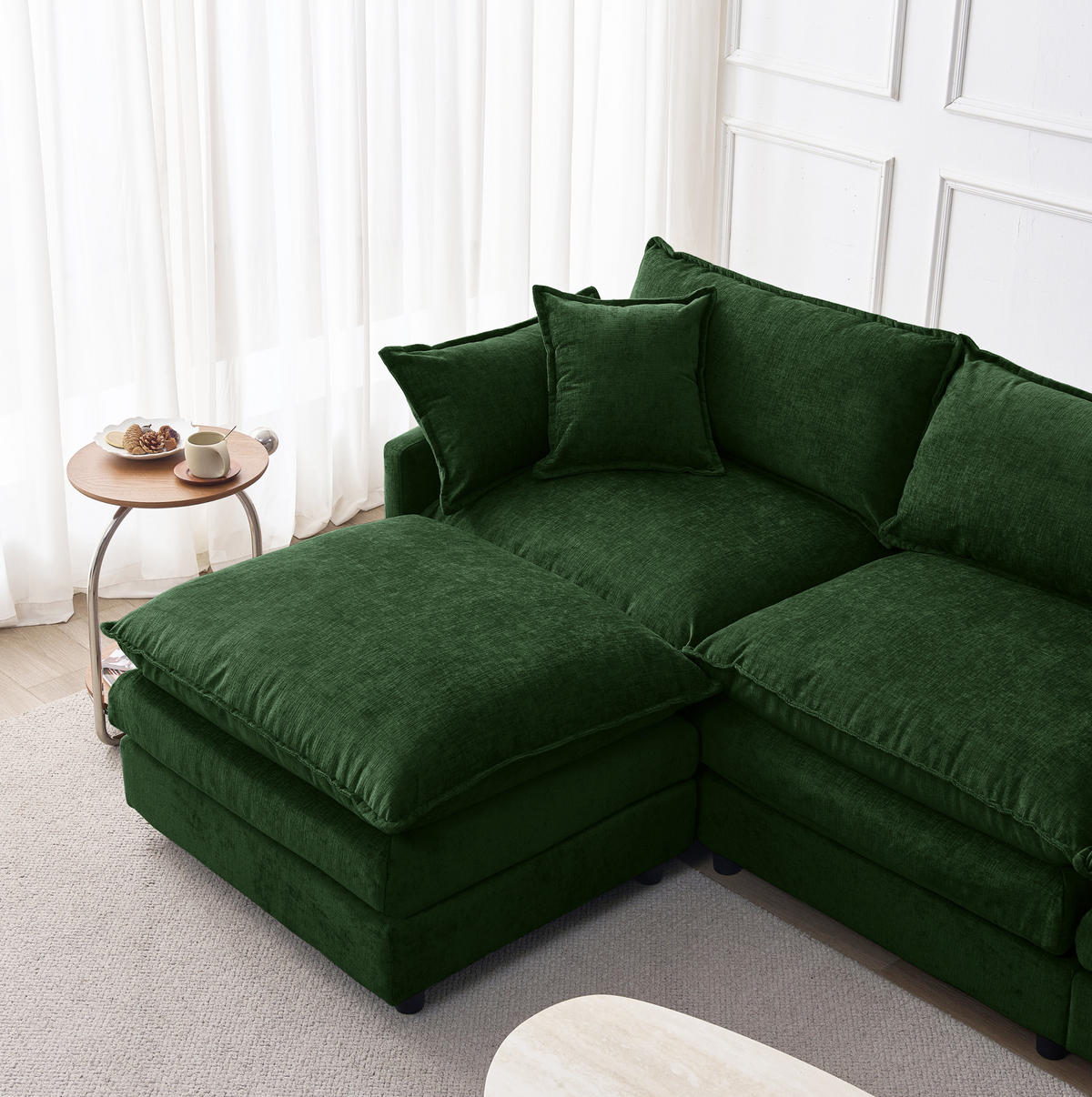 ECKSOFA 3-Sitzer mit Hocker, modulares Design und Chenille-Bezug, Grün - Grün, Textil (267/154cm) - Redom