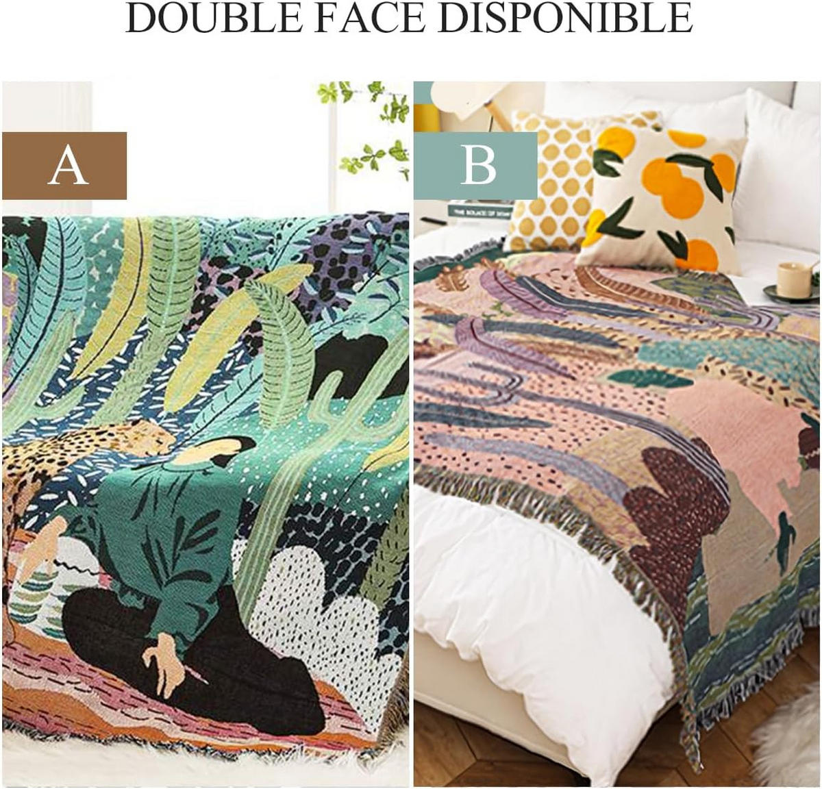 DECKE – 130 x 160 cm – Wendbares Farbschema – Decke mit Quasten - Türkis/Multicolor, Textil (160/130cm)