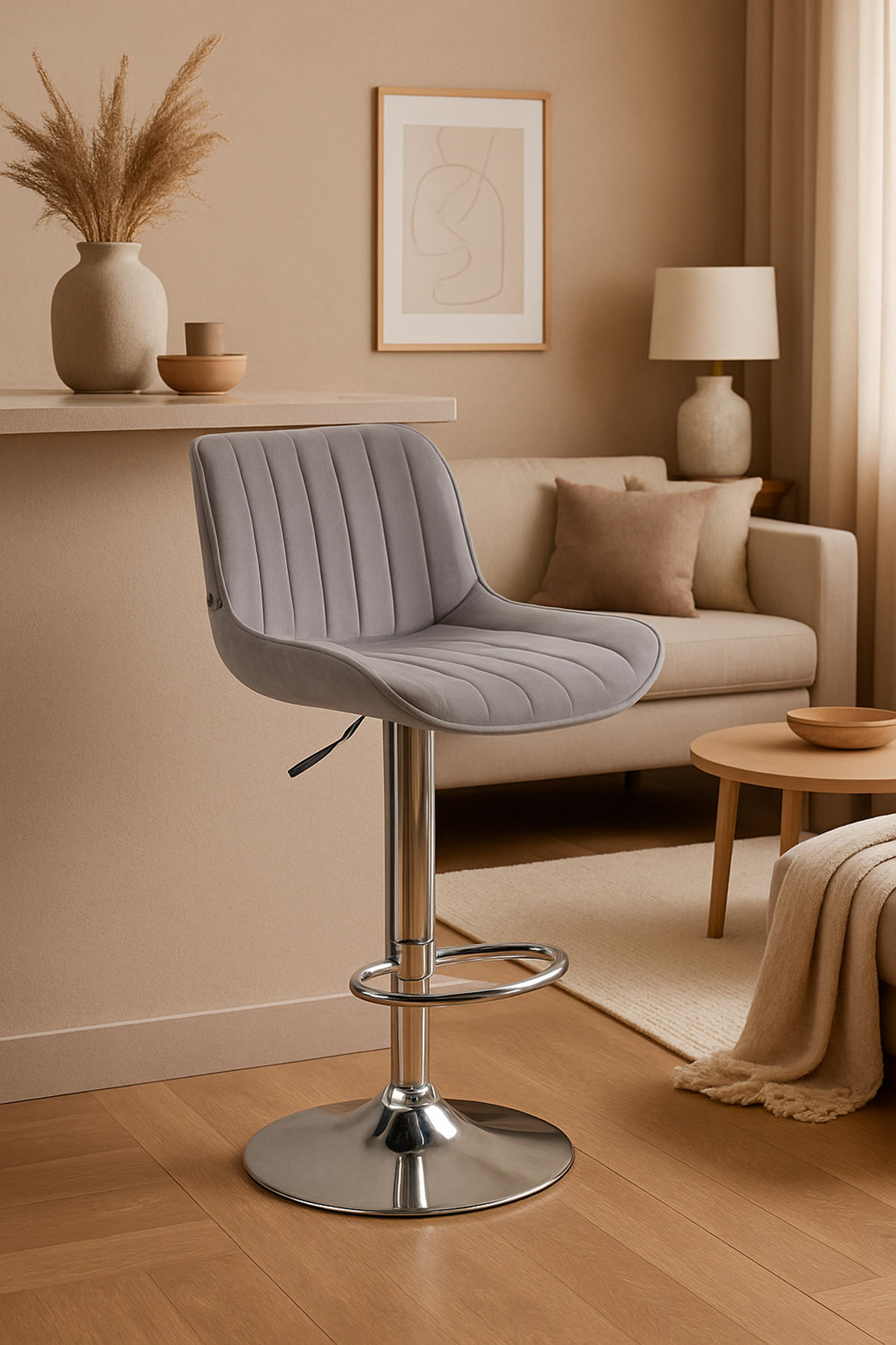 BARHOCKER Lento Gestell Metall in Chromoptik Samt Grau - Chromfarben/Grau, Textil/Metall (50/108/50cm) - TPFLiving