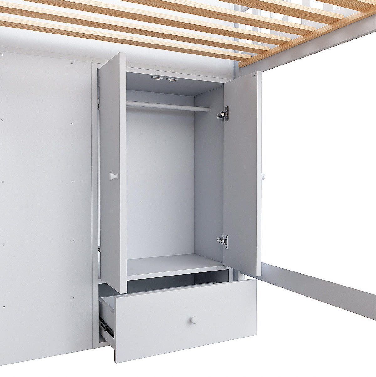 HOCHBETT aus Kiefernholz und MDF 90x200 cm Weiß mit Stauraumtreppe, Regalen und Klappschrank - Weiß, Holzwerkstoff (90/200cm) - IVMEU