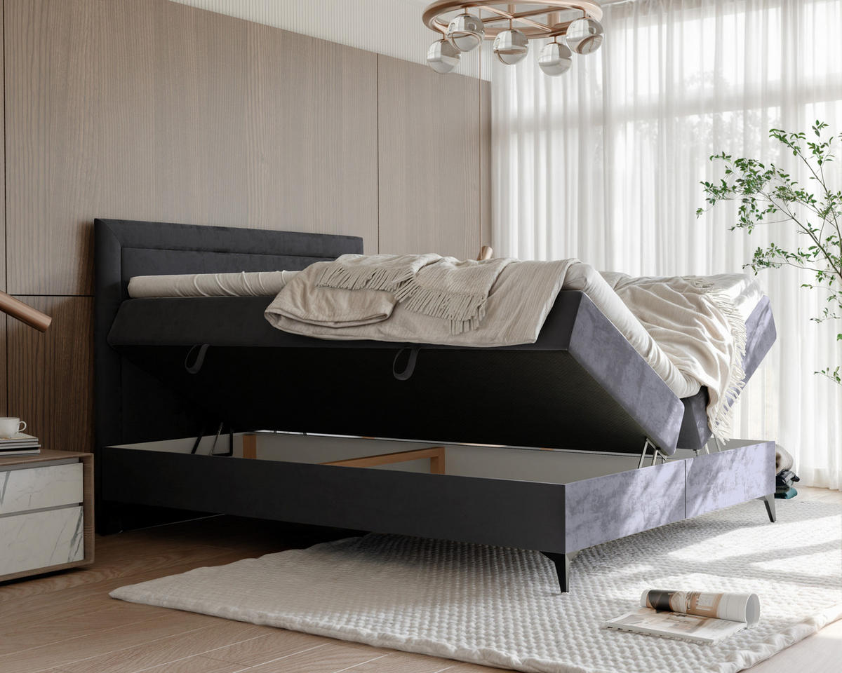 BOXBETT NERO 160/200 cm mit Matratze und Topper, Dunkelgrau - Dunkelgrau/Schwarz, Holzwerkstoff/Textil (160/200cm) - Idohome