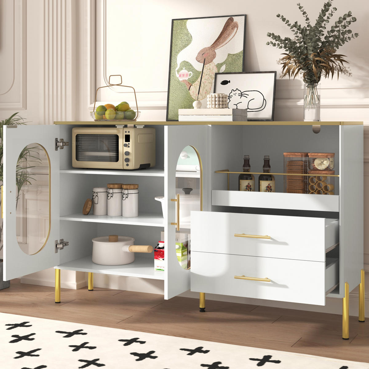 SIDEBOARD in Weiß mit goldenen Griffen und Beinen, 2 Schubladen und 2 Glastüren, 140/38/90 cm, Weiß - Weiß, Holzwerkstoff (120/90/38cm) - Redom