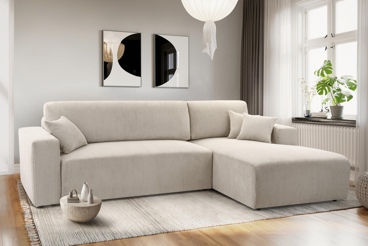 ECKSOFA L Form Catea Weiß 279/145/84 cm Rechts mit Schlaffunktion - Creme/Schwarz, Kunststoff/Textil (279/145cm) - AX Living