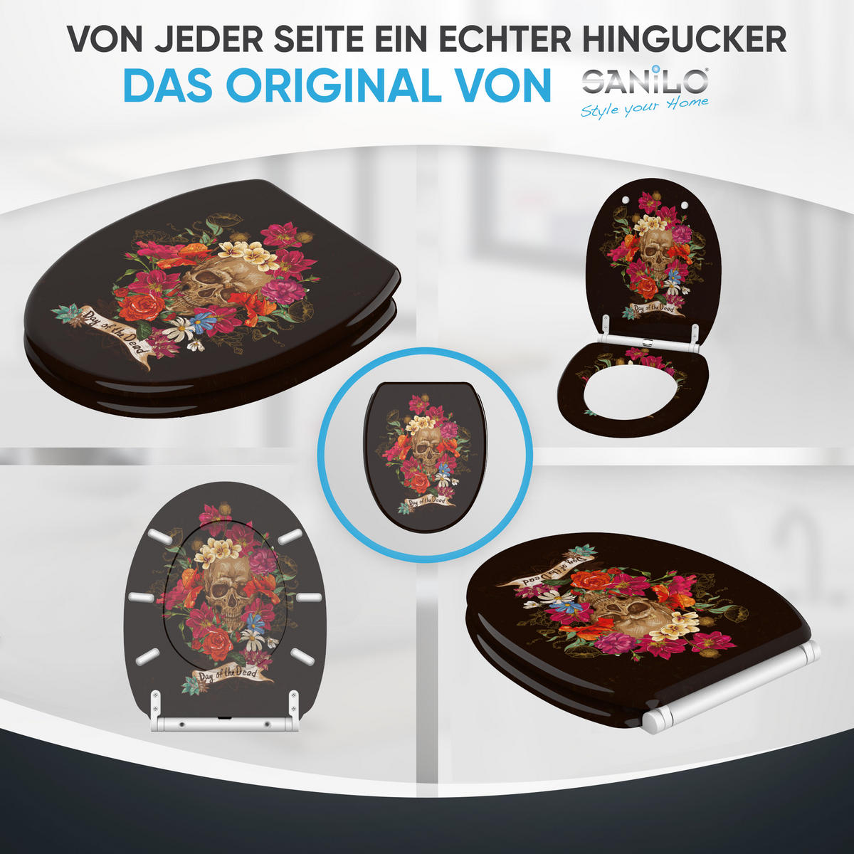 WC-SITZ mit Absenkautomatik & Top Fix Day of the Dead - Schwarz, Holzwerkstoff (37.7/5.5/48cm) - Sanilo