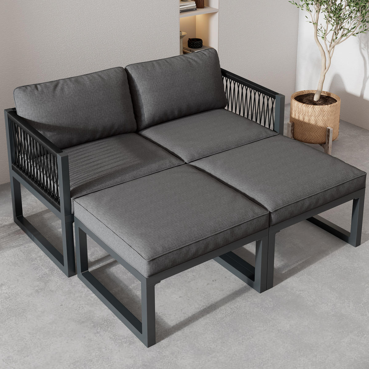 LOUNGESET Modular Grau 2 Sofas 2 Hocker - Grau, Metall - FLIEKS