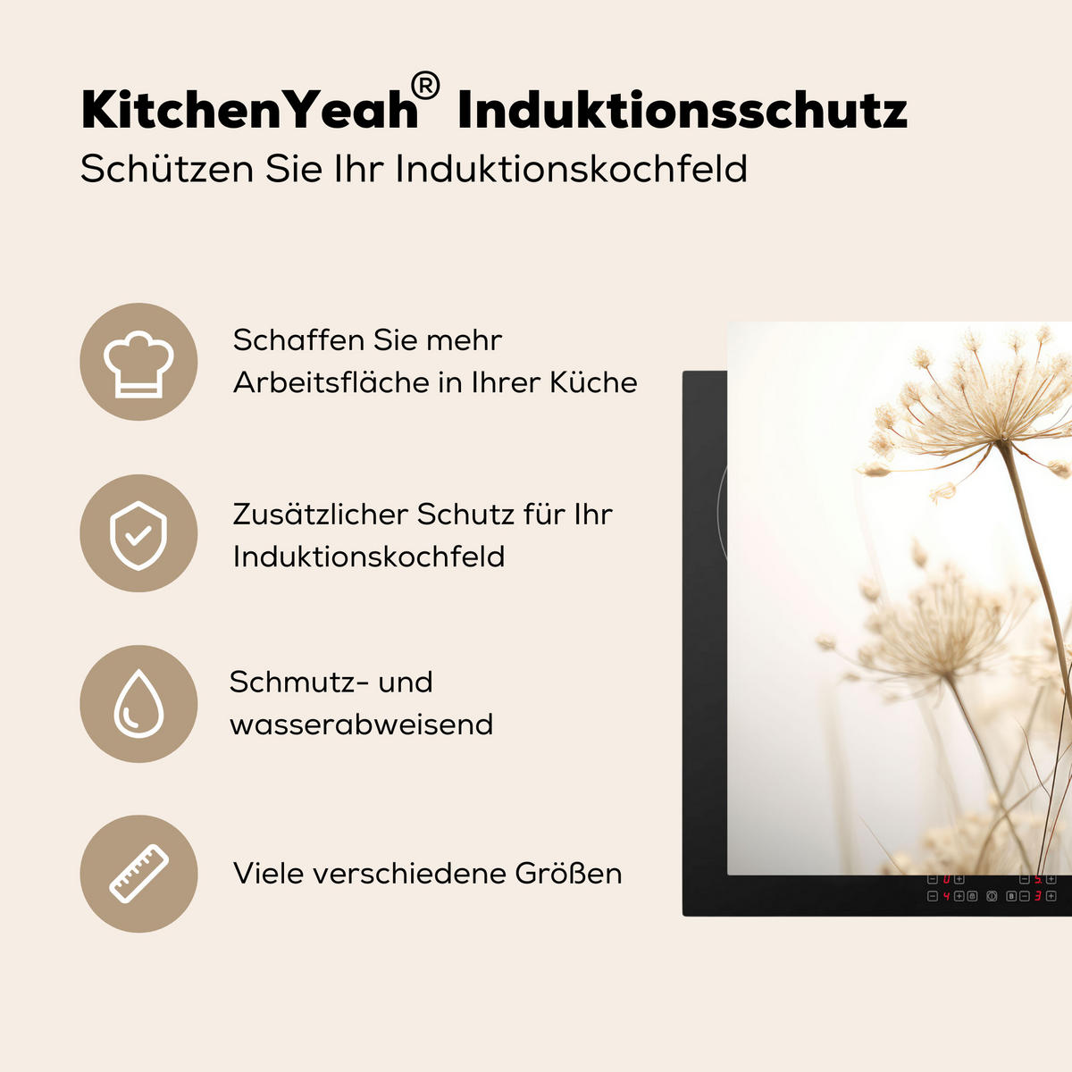 HERDABDECKPLATTE Blumen - Weiß - Sonnenlicht Induktionsschutz 81.6x52.7 cm - Ecru, Kunststoff (81.6/52.7/0.2cm) - MuchoWow