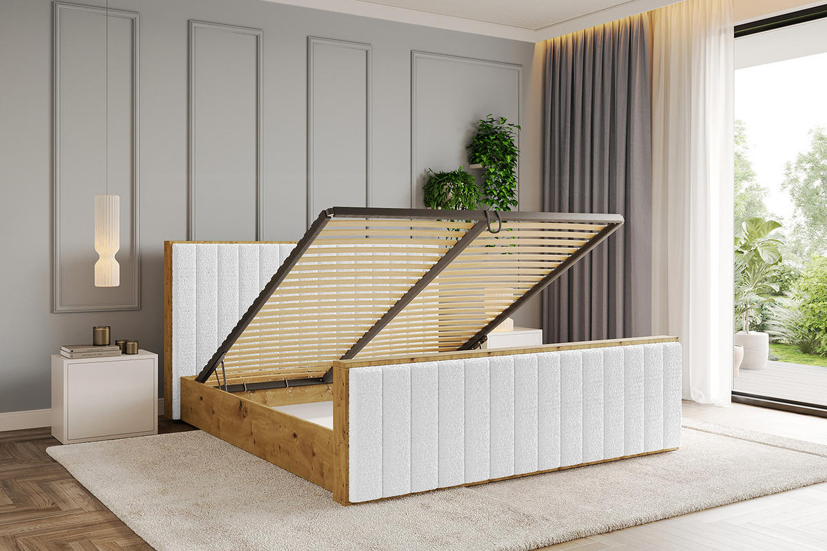 POLSTERBETT mit Bettkasten, Fußteil und Lattenrost, Boxbett mit Matratze H3/H4 - ENZO4-Z 180x200 Weiß - Weiß, Holzwerkstoff/Textil (180/200cm) - ALTDECOR