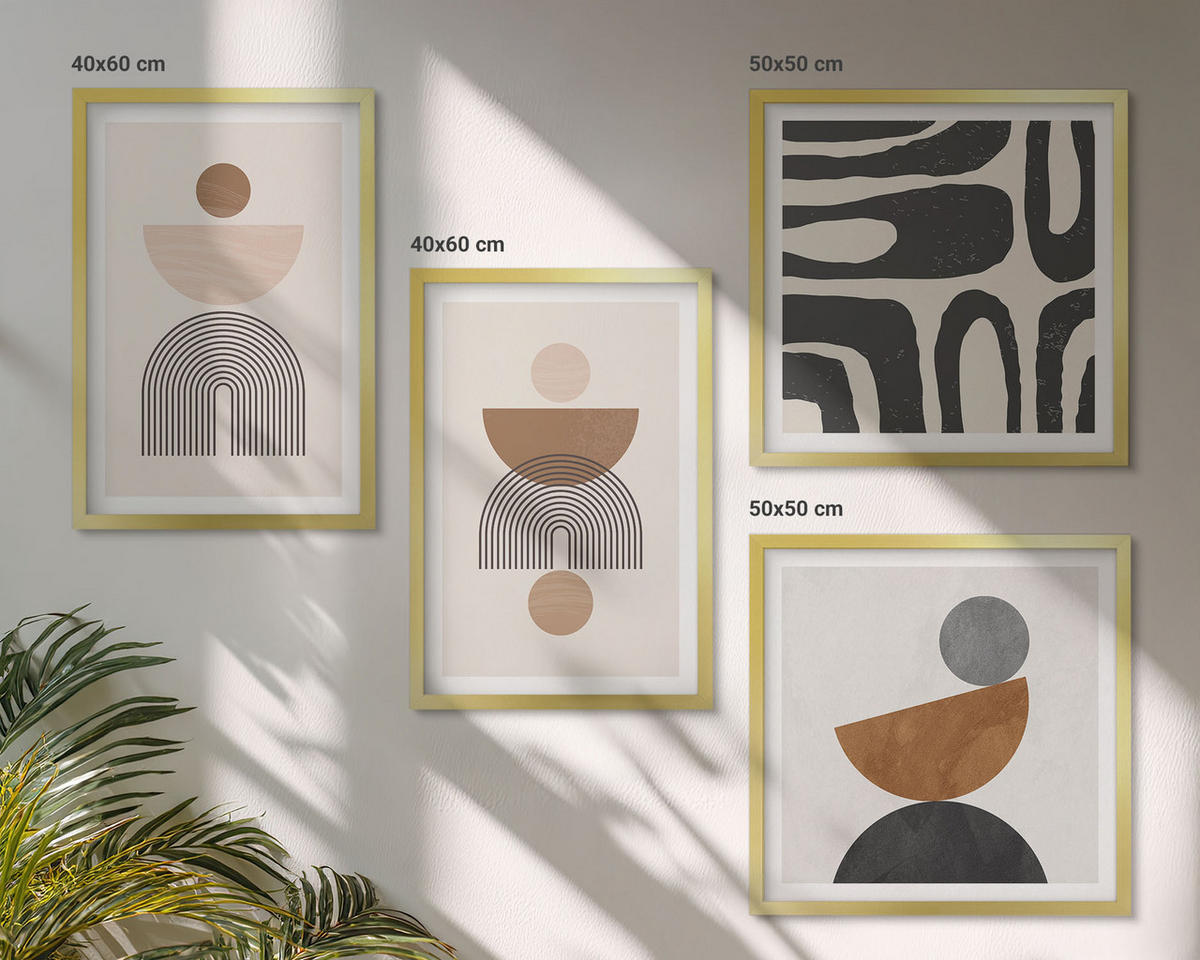 WANDBILDER 4er Set - 50x50 cm & 40x60 cm Goldrahmen - Abstraktes Boho-Design - Goldfarben, Kunststoff (50/50cm) - ArtPrintCave