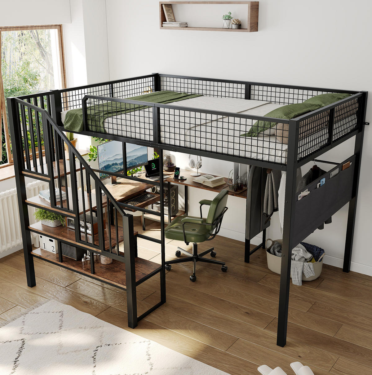 HOCHBETT aus Metall und Holz 140x200 cm Schwarz/Vintage mit Eckschreibtisch, Treppe und Ladeanschluss - Schwarz, Metall (140/200cm) - Modfu