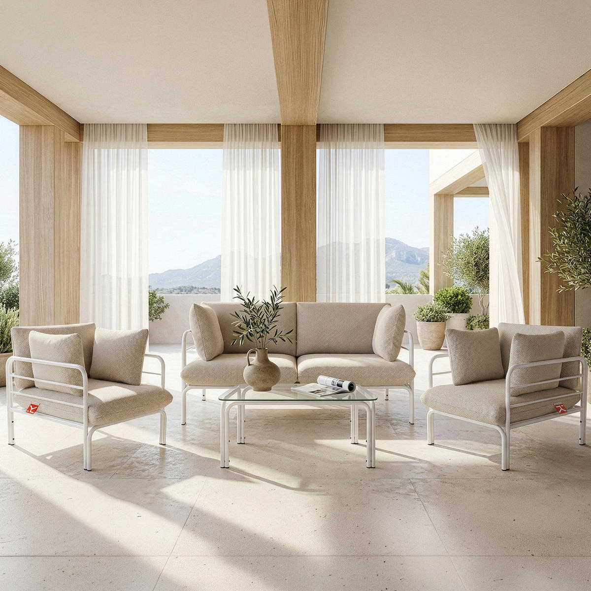 GARTENSOFA RAMBE 2-Personen mit Kissen, Weiß - Beige/Weiß, Textil/Metall (150/80/80cm) - KONSIMO®
