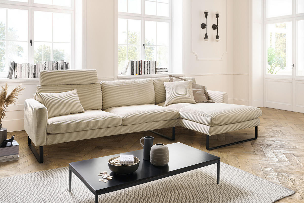 ECKSOFA RICARDA Cremeweiß Cord - Creme/Schwarz, Textil/Metall (298/154cm) - KAWOLA
