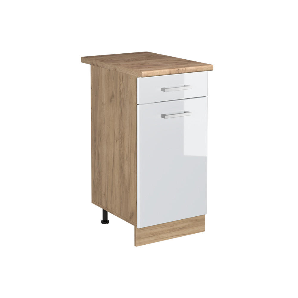 KÖKSUNDERSKÅP R-Line, Vit högblank/Goldkraft ek, 40 cm Auksinis ąžuolas stalviršis Vit högglans, Honungsek 81.6/40/60 cm